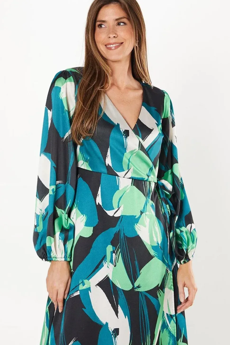 Green Leaf Print Satin Wrap Midi Dress