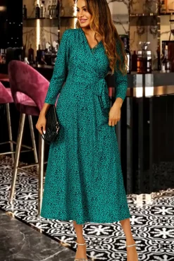 Green Leopard Print Wrap Top Midi Dress