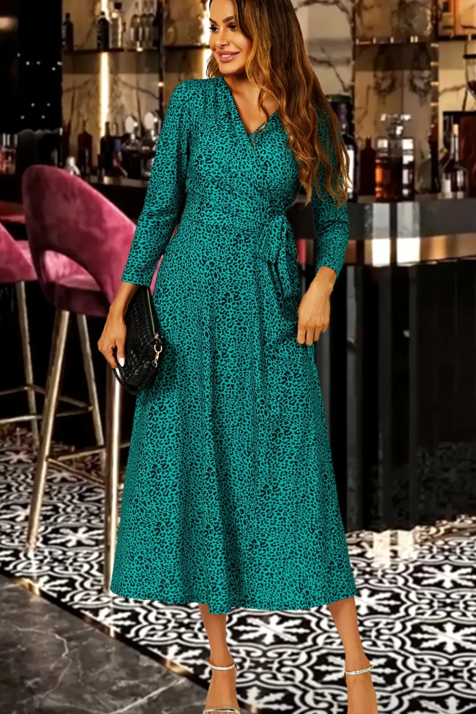 Green Leopard Print Wrap Top Midi Dress