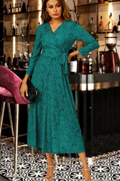 Green Leopard Print Wrap Top Midi Dress