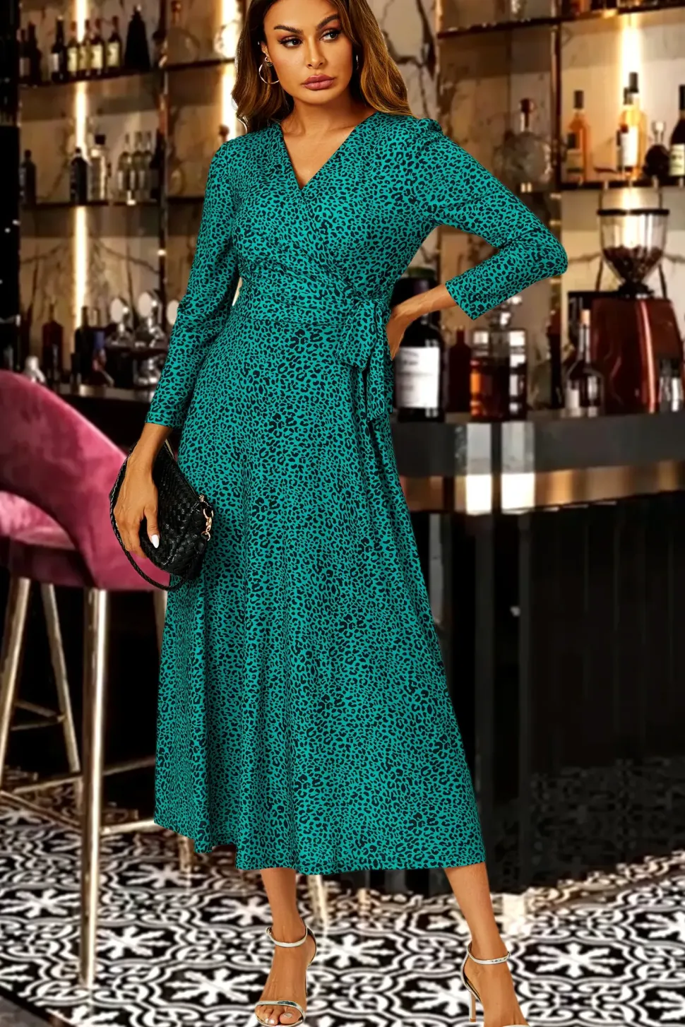Green Leopard Print Wrap Top Midi Dress