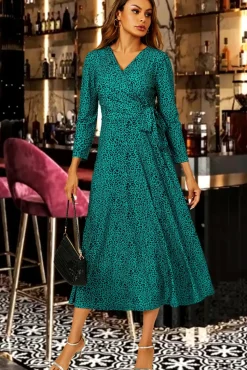 Green Leopard Print Wrap Top Midi Dress