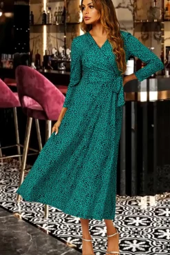 Green Leopard Print Wrap Top Midi Dress