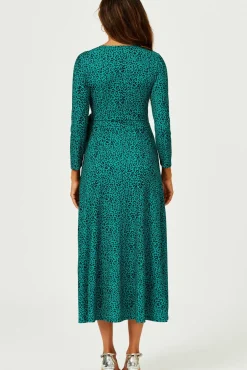 Green Leopard Print Wrap Top Midi Dress