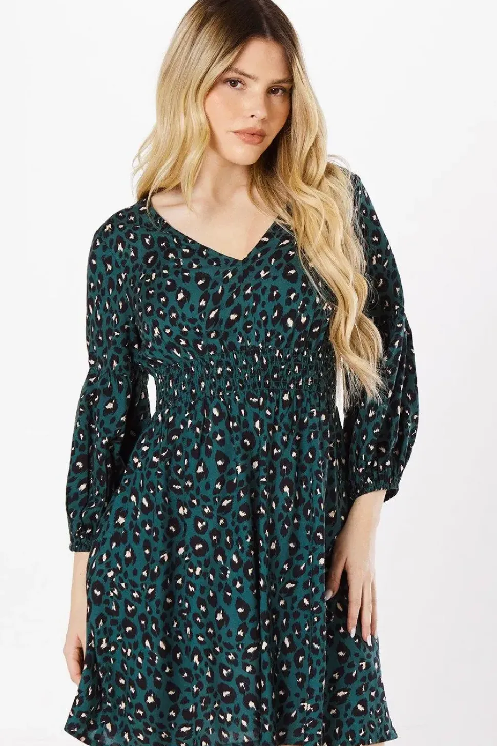 Green Leopard V Neck Mini Dress