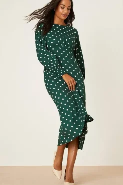 Green Spot Long Sleeve Shirred Cuff Midi Dress