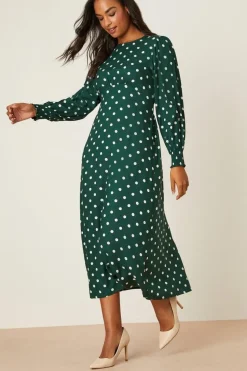 Green Spot Long Sleeve Shirred Cuff Midi Dress