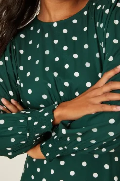 Green Spot Long Sleeve Shirred Cuff Midi Dress