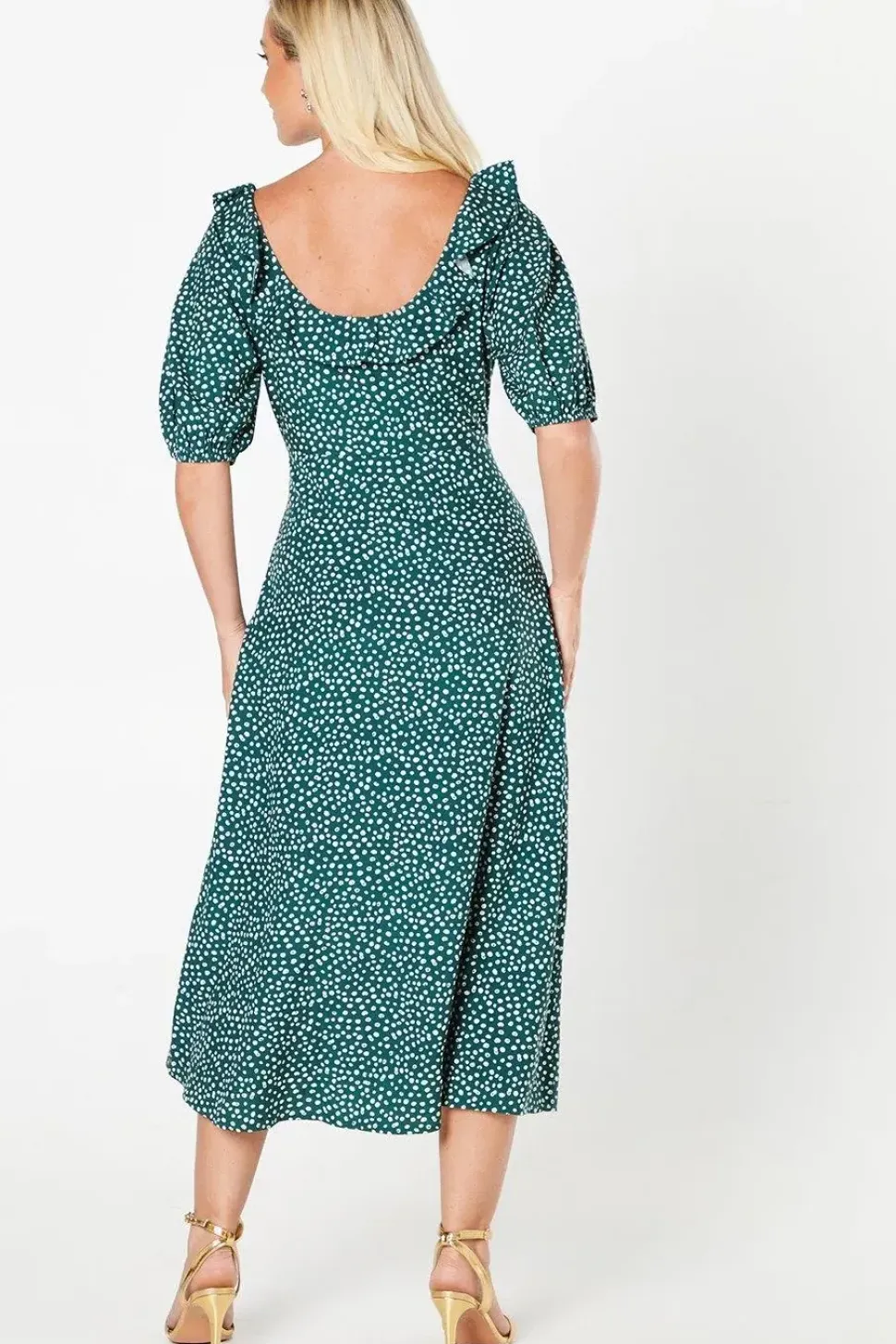 Green Spot Ruffle Midi Dress