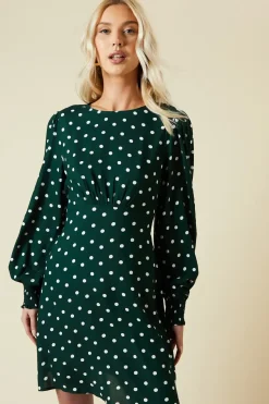 Green Spot Shirred Cuff Mini Dress