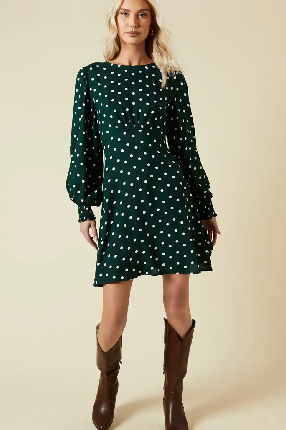 Green Spot Shirred Cuff Mini Dress