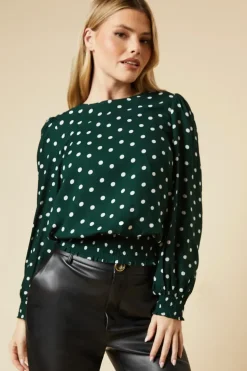 Green Spot Shirred Hem Top