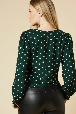 Green Spot Shirred Hem Top