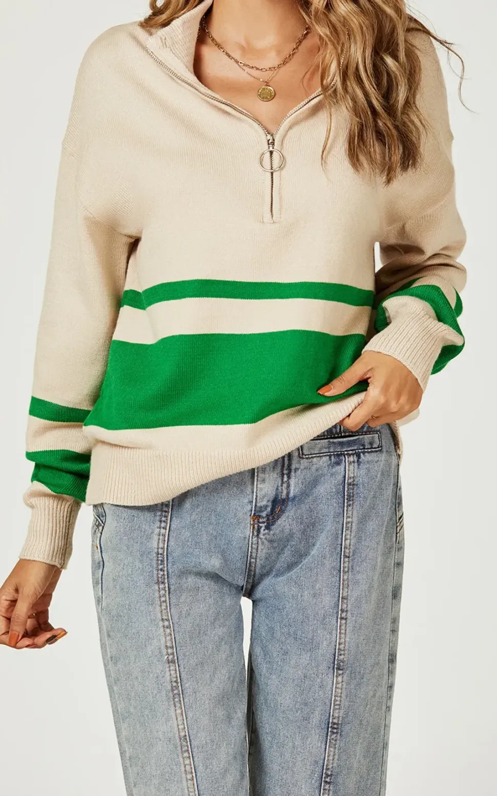 Green Stripe Block Colour 3/4 Zip Cable Knit Jumper In Cream