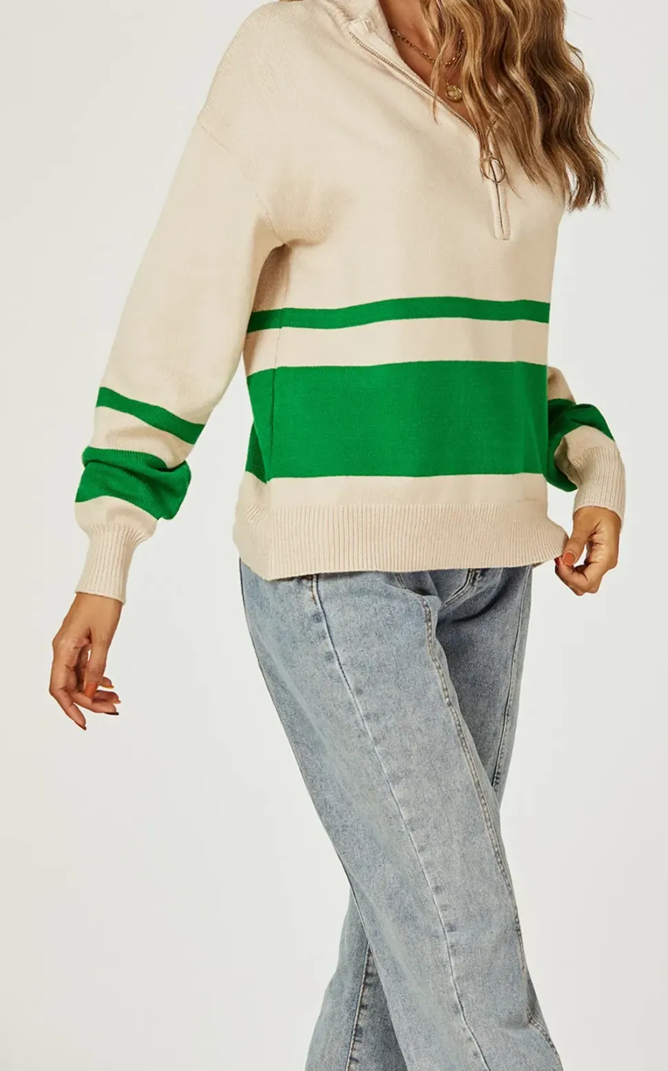 Green Stripe Block Colour 3/4 Zip Cable Knit Jumper In Cream