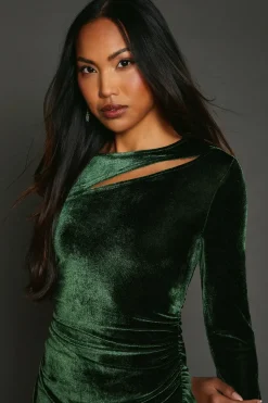 Green Velvet Asymmetric Cut Out Midaxi Dress