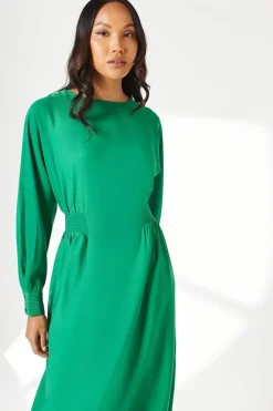 Green Waist Detail Crepe Midi Dress