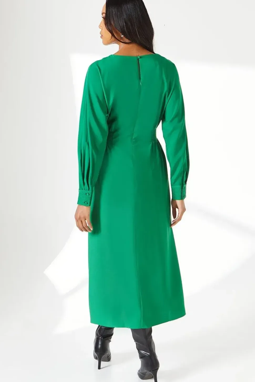 Green Waist Detail Crepe Midi Dress