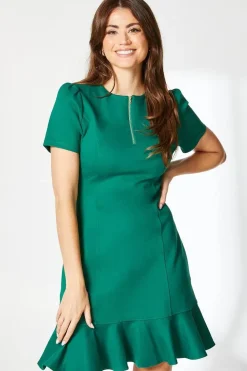 Green Zip Front Ponte Shift Dress