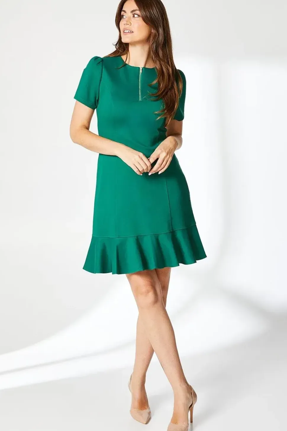 Green Zip Front Ponte Shift Dress