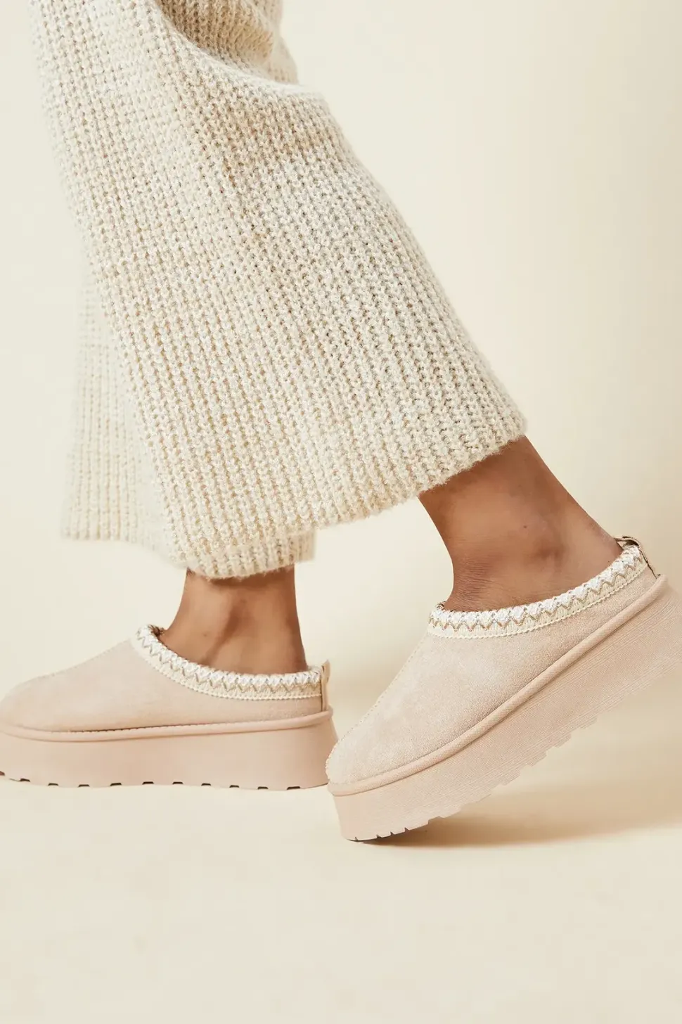Haisley Suedette Faux Fur Lined Stitch Detail Mules