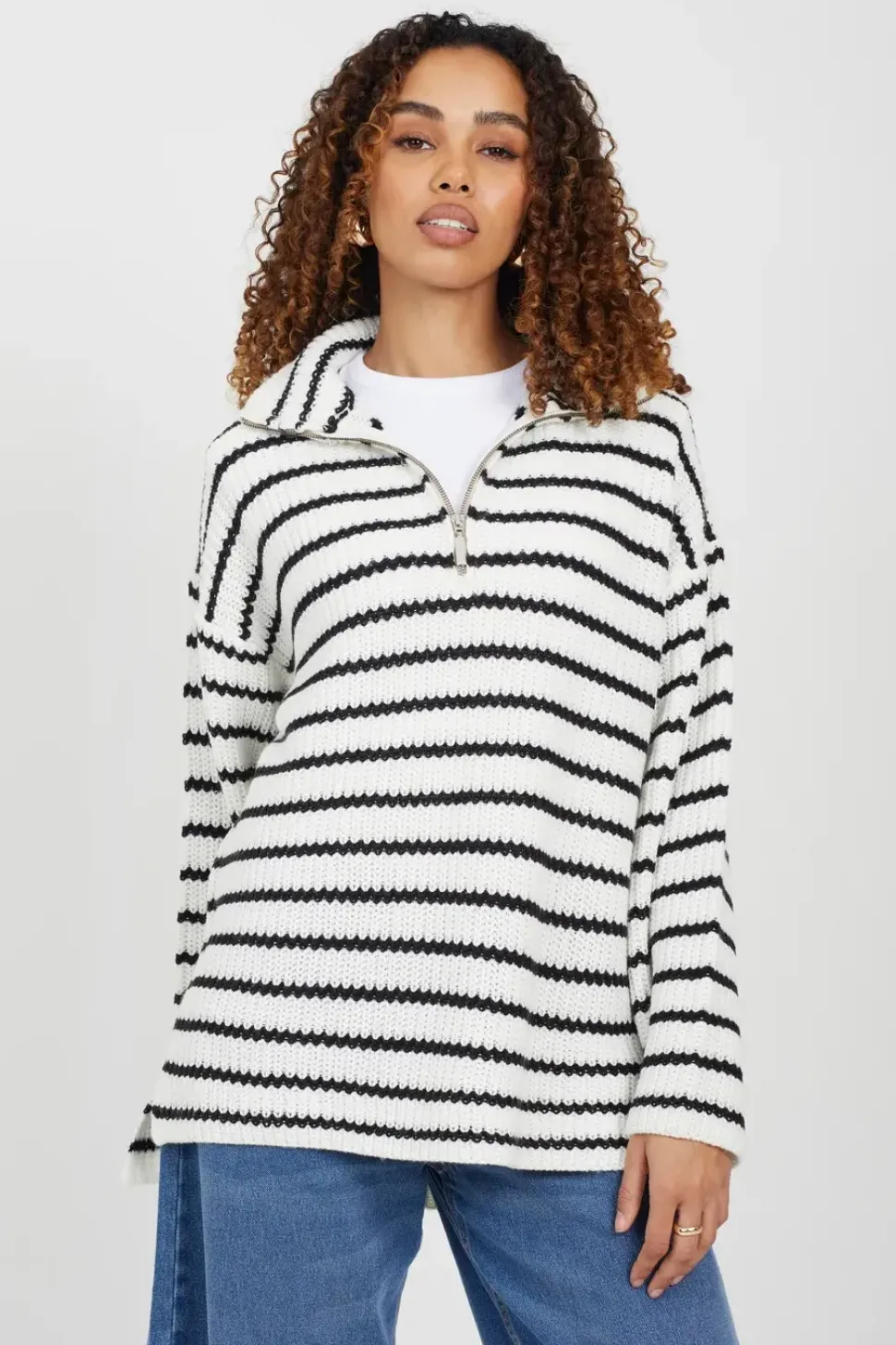 Half Zip Striped Fisherman Knit Jumper