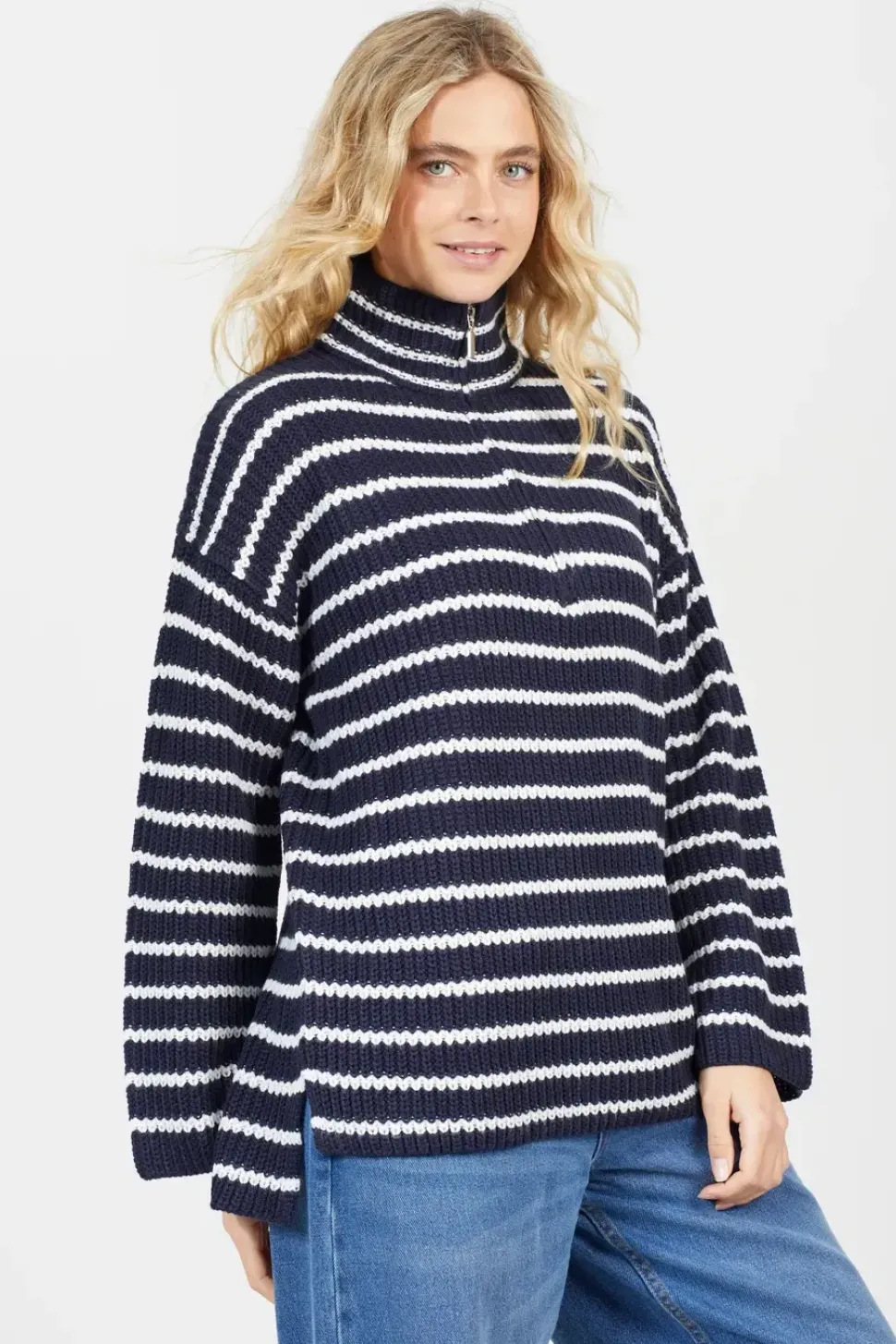 Half Zip Striped Fisherman Knit Jumper