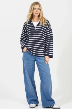 Half Zip Striped Fisherman Knit Jumper