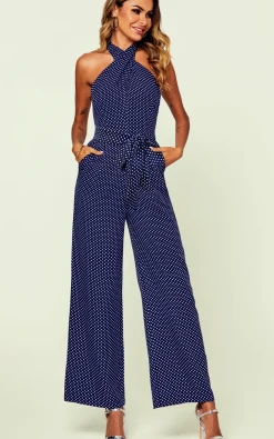 Halter Neck Back Detail Jumpsuit In Navy & Polka Dot