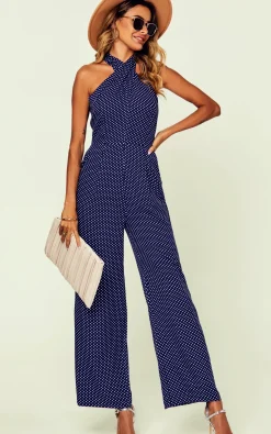 Halter Neck Back Detail Jumpsuit In Navy & Polka Dot