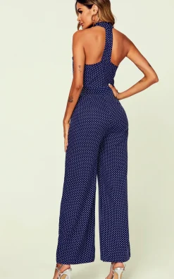 Halter Neck Back Detail Jumpsuit In Navy & Polka Dot
