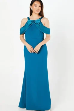Halterneck Bow Detail Contrast Satin Maxi Dress
