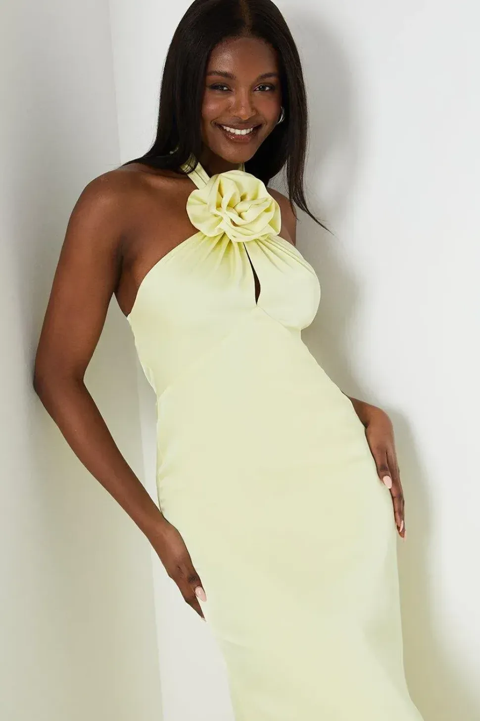 Halterneck Corsage Satin Maxi Dress