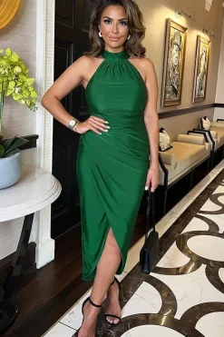 Halter Neck Draped Wrap Skirt Midi Dress