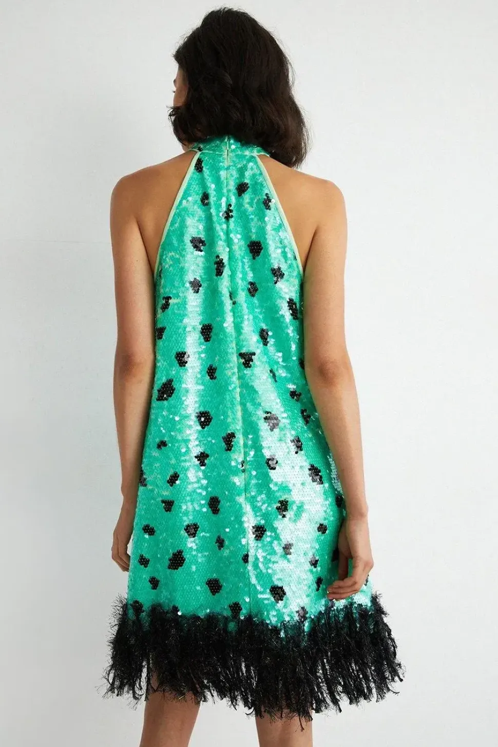 Halter Neck Feather Trim Sequin Mini Dress