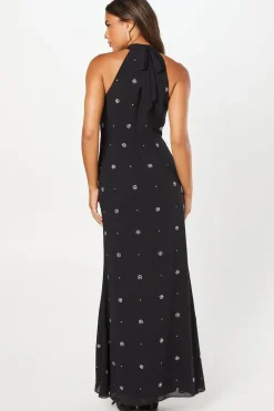 Halterneck Georgette With Embellished Crystals Maxi Dress