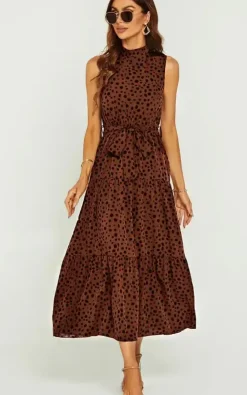 Halter Neck Maxi Layer Dress In Brown & Black Leopard Print