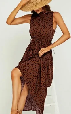 Halter Neck Maxi Layer Dress In Brown & Black Leopard Print