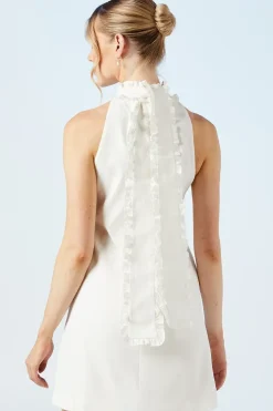 Halterneck Scallop Trim Structured Satin Shift Mini Bridal Dress