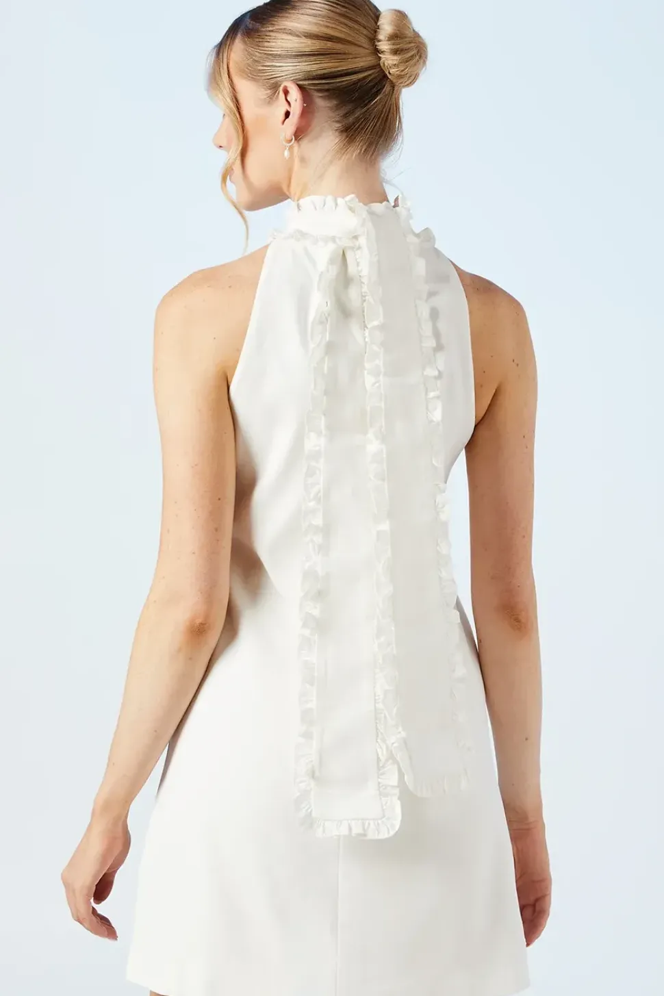 Halterneck Scallop Trim Structured Satin Shift Mini Bridal Dress