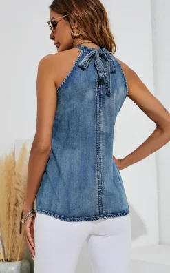 Halter Neck Tie Back Denim Top
