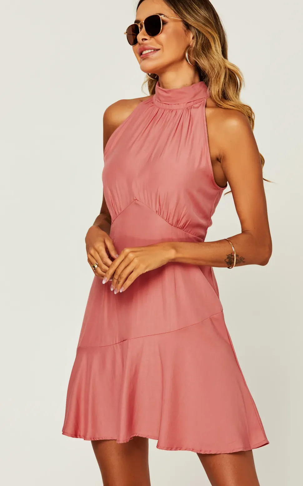 Halter Neck Tie Back Hem Detail Mini Dress In Pink
