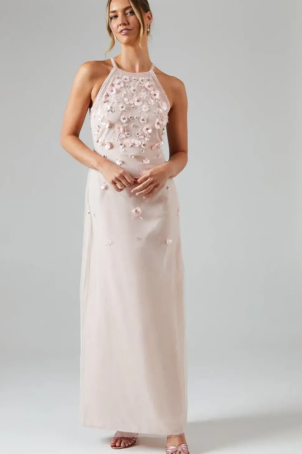 Halterneck Trailing Floral Embellished Bridesmaids Dress