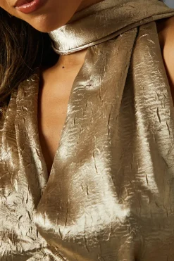 Hammered Satin Scarf Detail Fishtail Maxi Dress