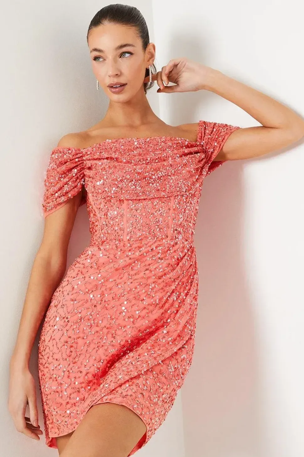 Hand Embellished Corset Bodice Bardot Mini Dress