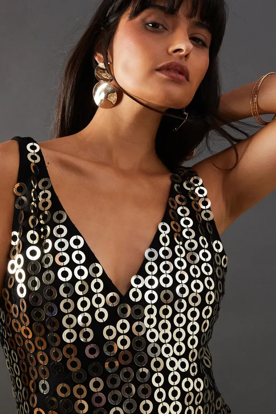 Hand Embellished Disk Sequin High Apex Midi Dress