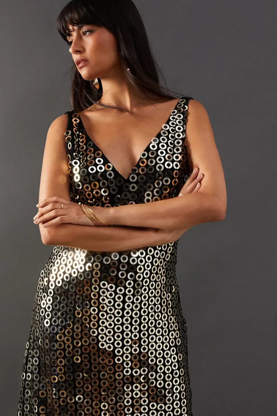 Hand Embellished Disk Sequin High Apex Midi Dress