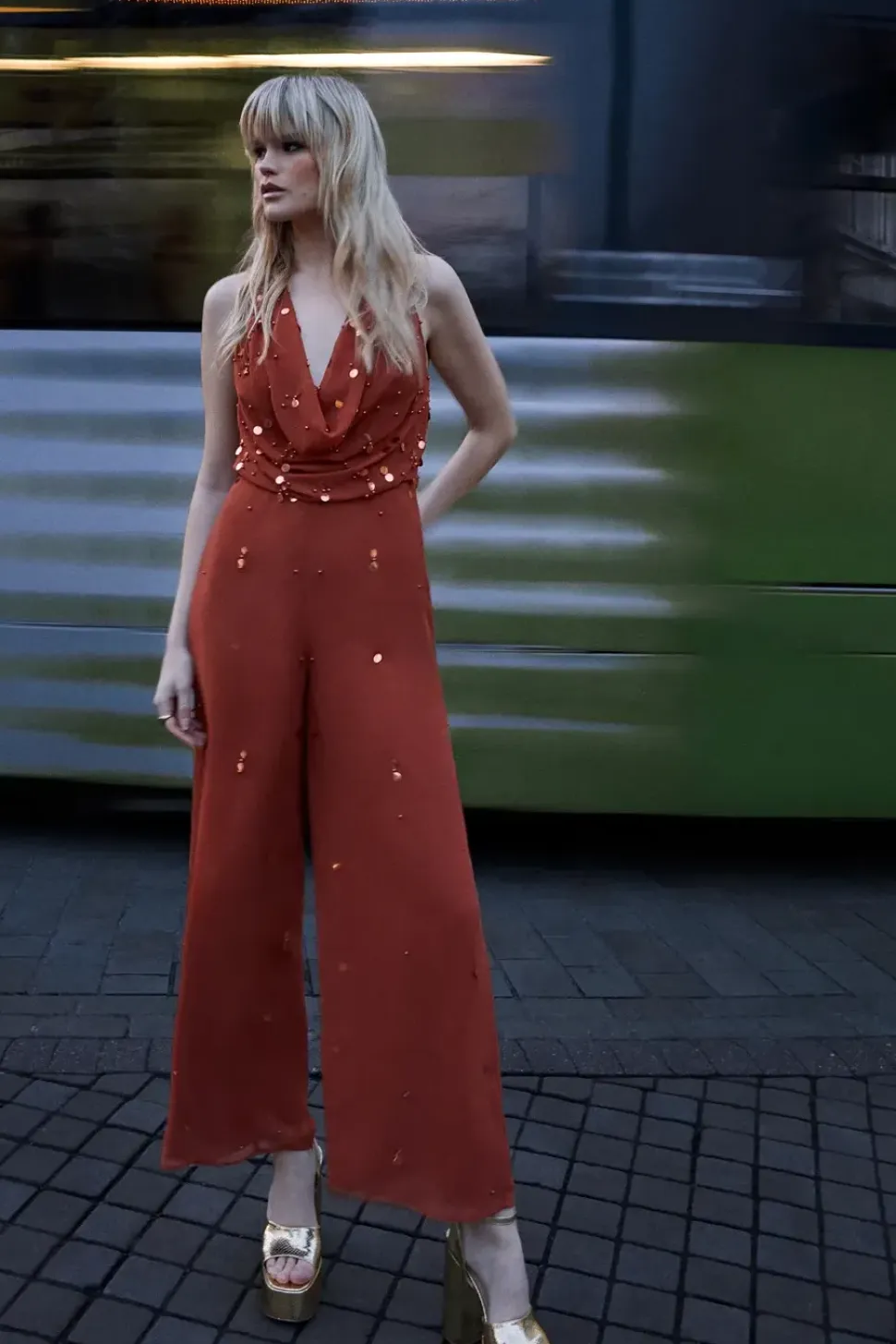 Hand Embellished Sequin Drop Bead Cowl Neck Jumpsuit