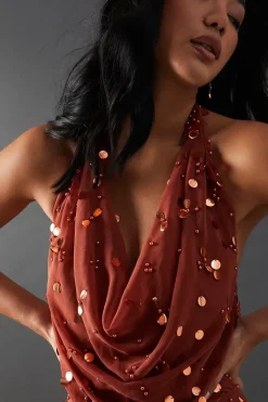 Hand Embellished Sequin Drop Bead Cowl Neck Jumpsuit