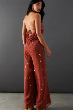 Hand Embellished Sequin Drop Bead Cowl Neck Jumpsuit